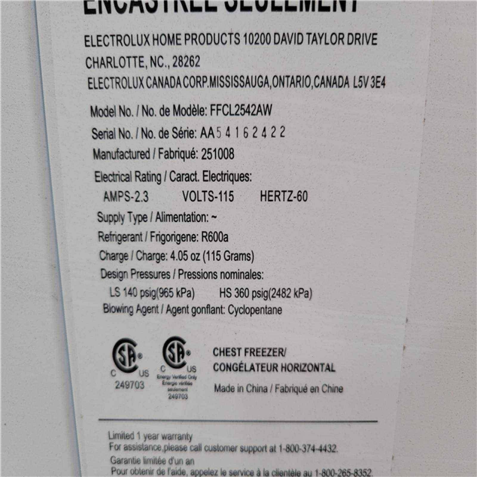 California AS-IS Frigidaire 25 cu. ft. Freezer  Model # FFCL2542AW