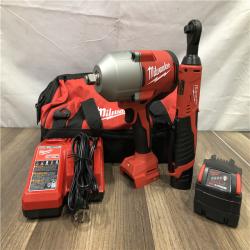 AS-IS Milwaukee 12/18V Lithium-Ion Cordless 3/8 in. Ratchet and 1/2 in. High Torque Impact Wrench with Friction Ring Combo Kit