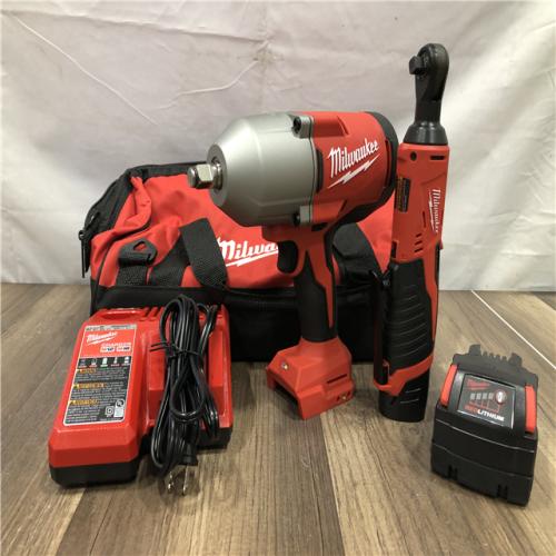AS-IS Milwaukee 12/18V Lithium-Ion Cordless 3/8 in. Ratchet and 1/2 in. High Torque Impact Wrench with Friction Ring Combo Kit
