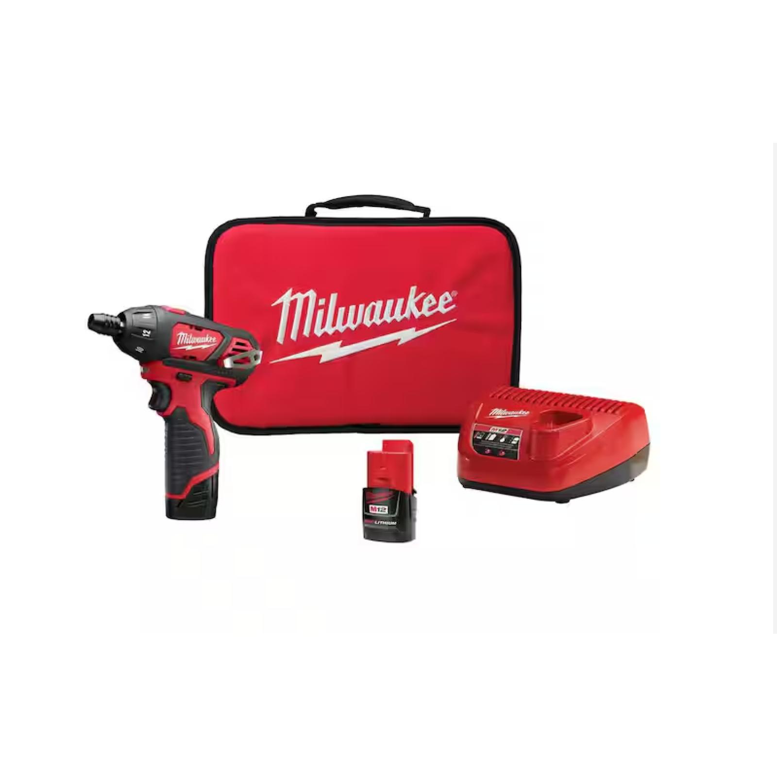 NEW! - Milwaukee M12 12V Lithium-Ion Cordless 1/4 in. Hex Screwdriver Kit with Two 1.5Ah Batteries  Charger and Tool Bag - 5 UNITS
