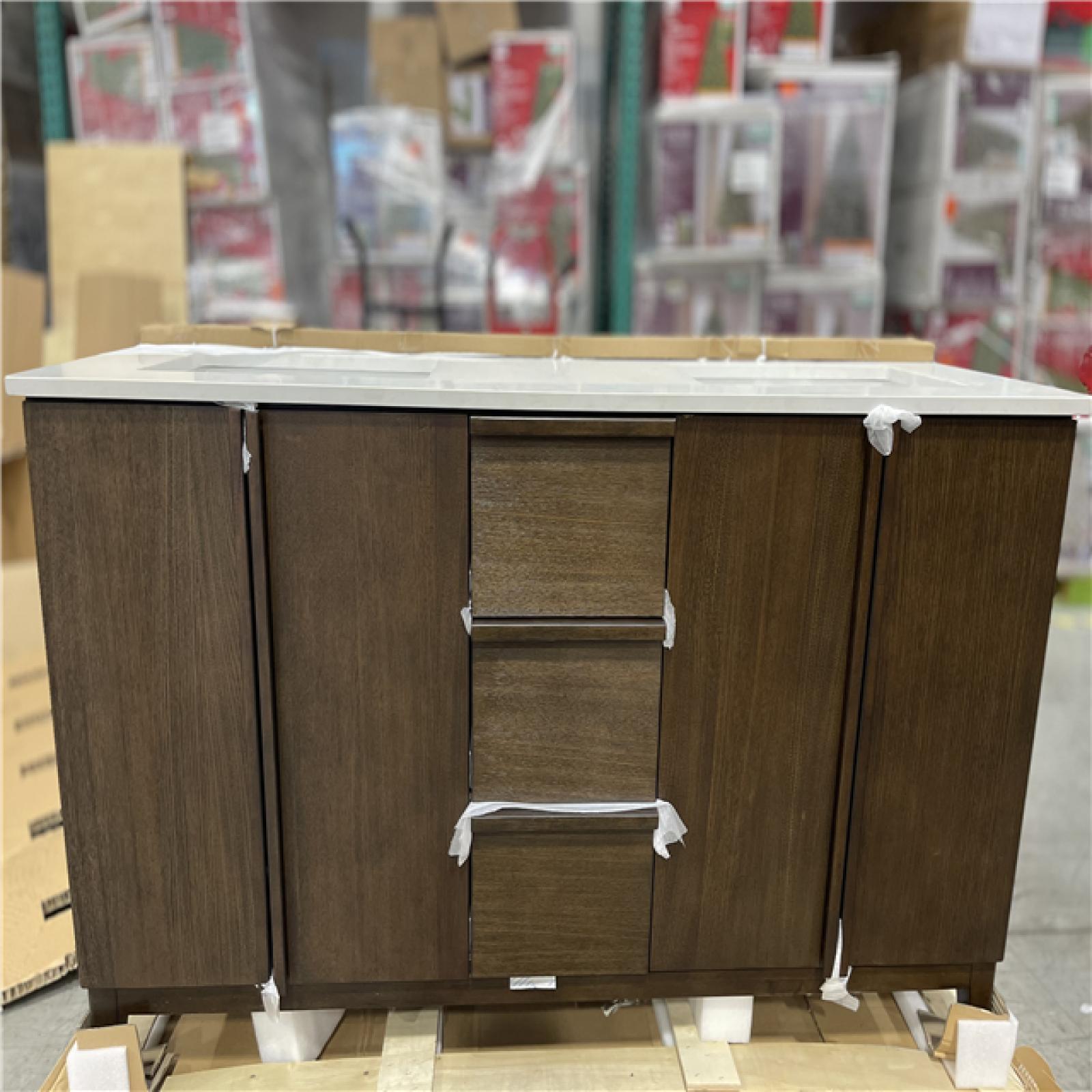 DALLAS LOCATION - Home Decorators Collection Sellan 61 in. Double Sink Dark Walnut Bath Vanity with Calacatta White Quartz Top (Assembled)