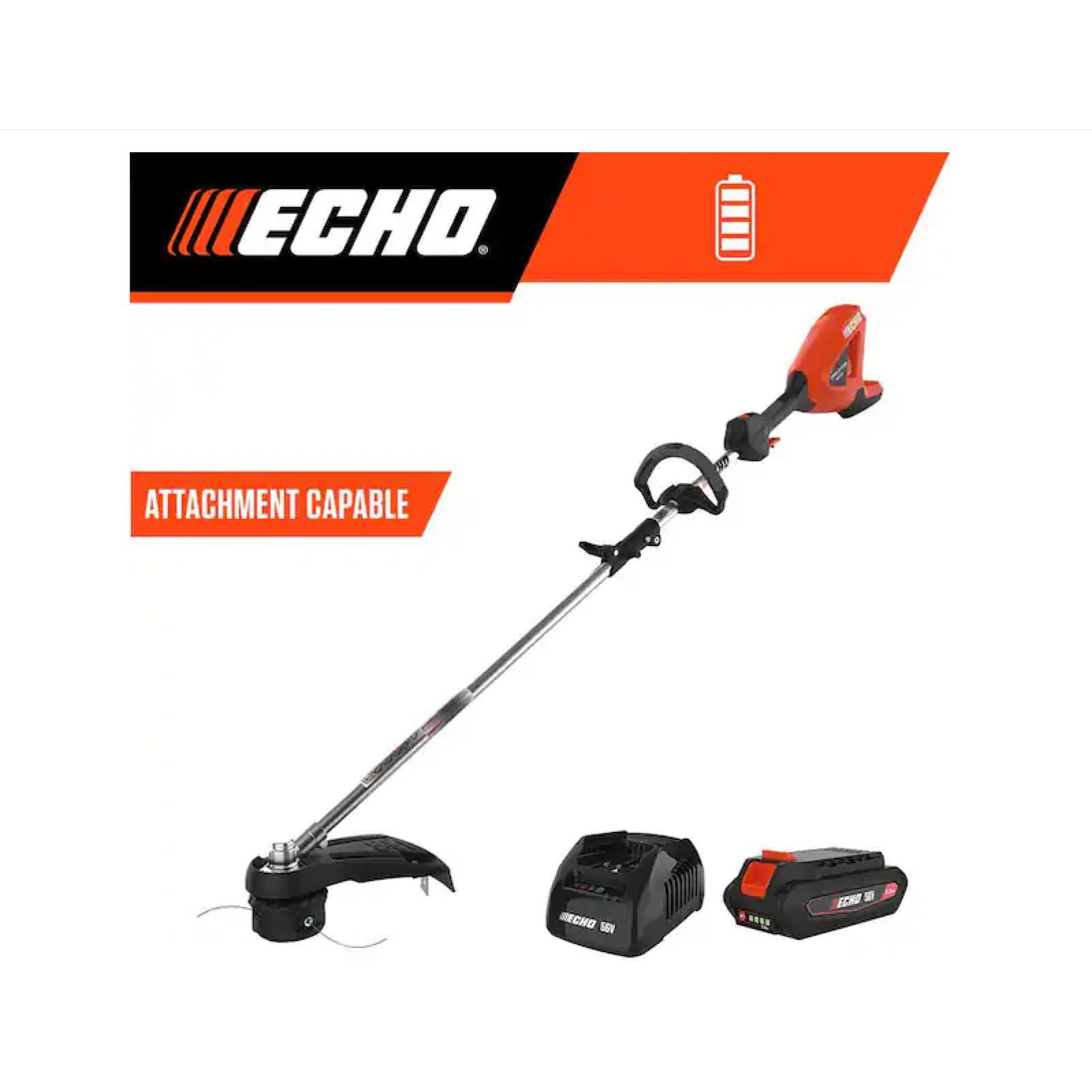 LIKE NEW!- ECHO 56V Brushless Cordless Battery Attachment Capable 16 in. String Trimmer w/ Speed-Feed Head and 2.5Ah Battery and Charger