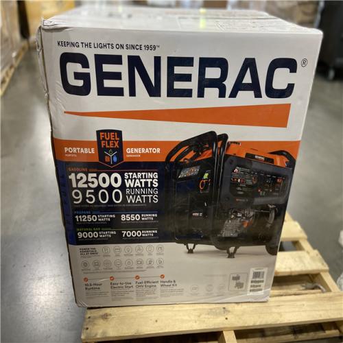 DALLAS LOCATION - Generac 12500/9500-Watt Tri-Fuel Portable Generator, Easy-To-Use Electric Start, Wheel and Handle Kit Included