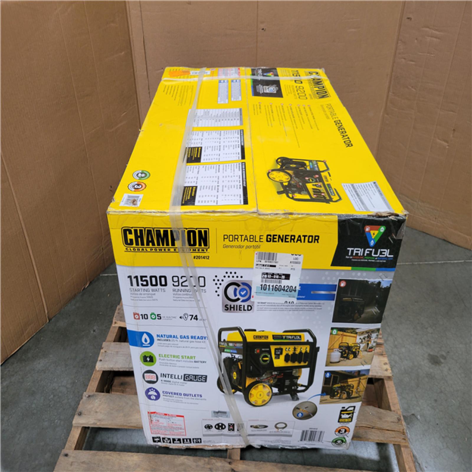 CALIFORNIA AS-IS NEW CHAMPION 11 500/9 200-WATT ELECTRIC START TRIFUEL PROPANE GENERATOR