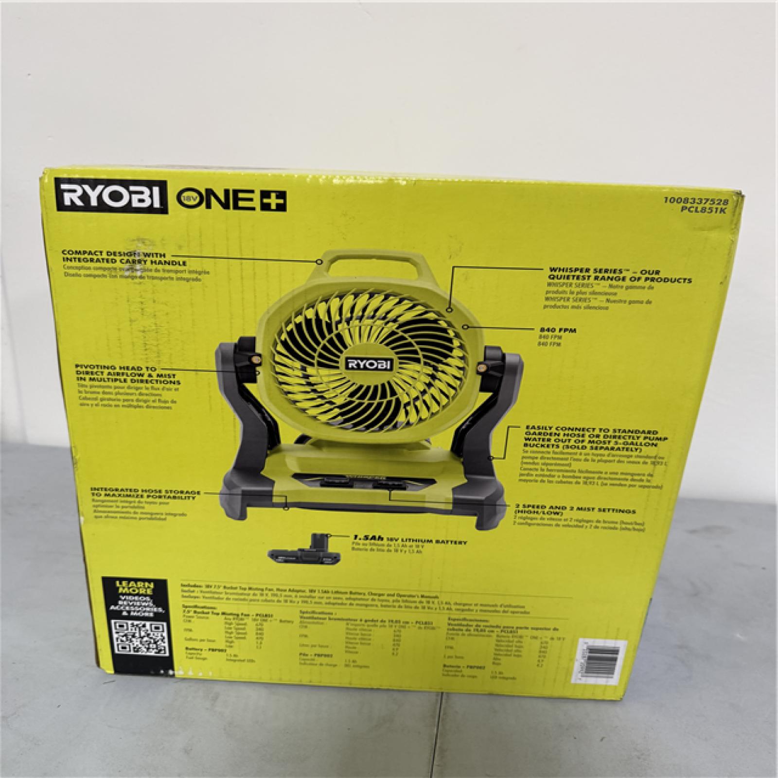 California NEW Ryobi 18V 7.5 Bucket Top Misting Fan Kit, includes (1) battery & charger