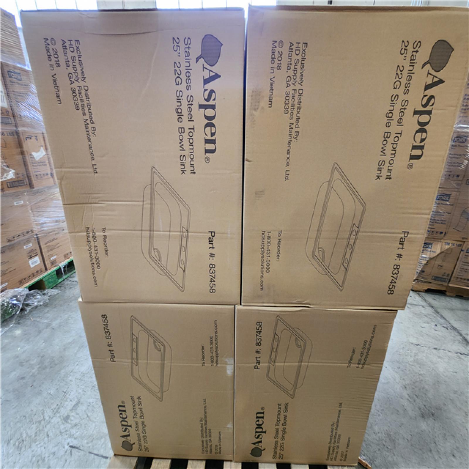 Phoenix Location NEW Aspen Stainless Steel Top mount 25 22G Single Bowl Sink Pallet (16 Sinks) (SEALED)