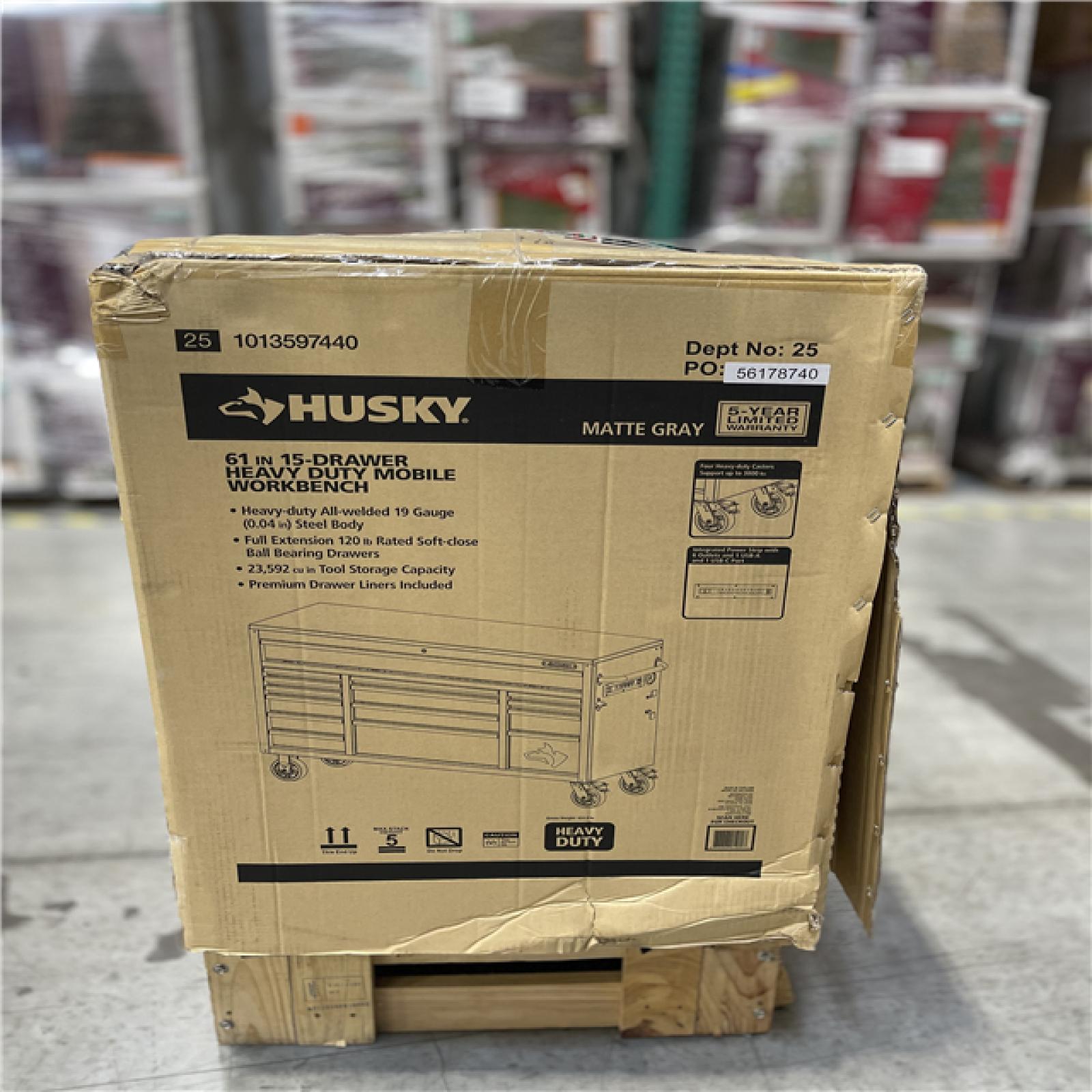 DALLAS LOCATION - Husky Heavy Duty 61 in. W x 23 in. D 15-Drawer Matte Gray Mobile Workbench Cabinet with Solid Wood Top