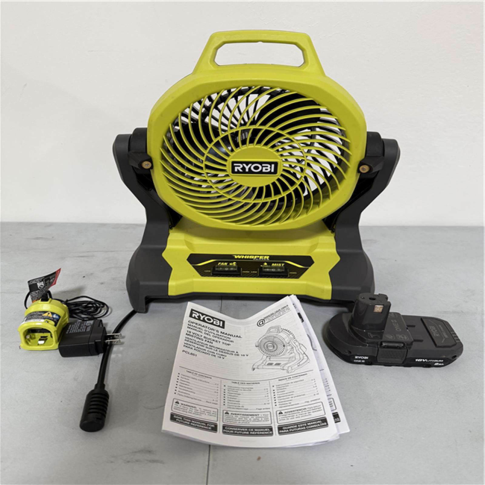 California NEW Ryobi 18V 7.5 Bucket Top Misting Fan Kit, includes (1) battery & charger