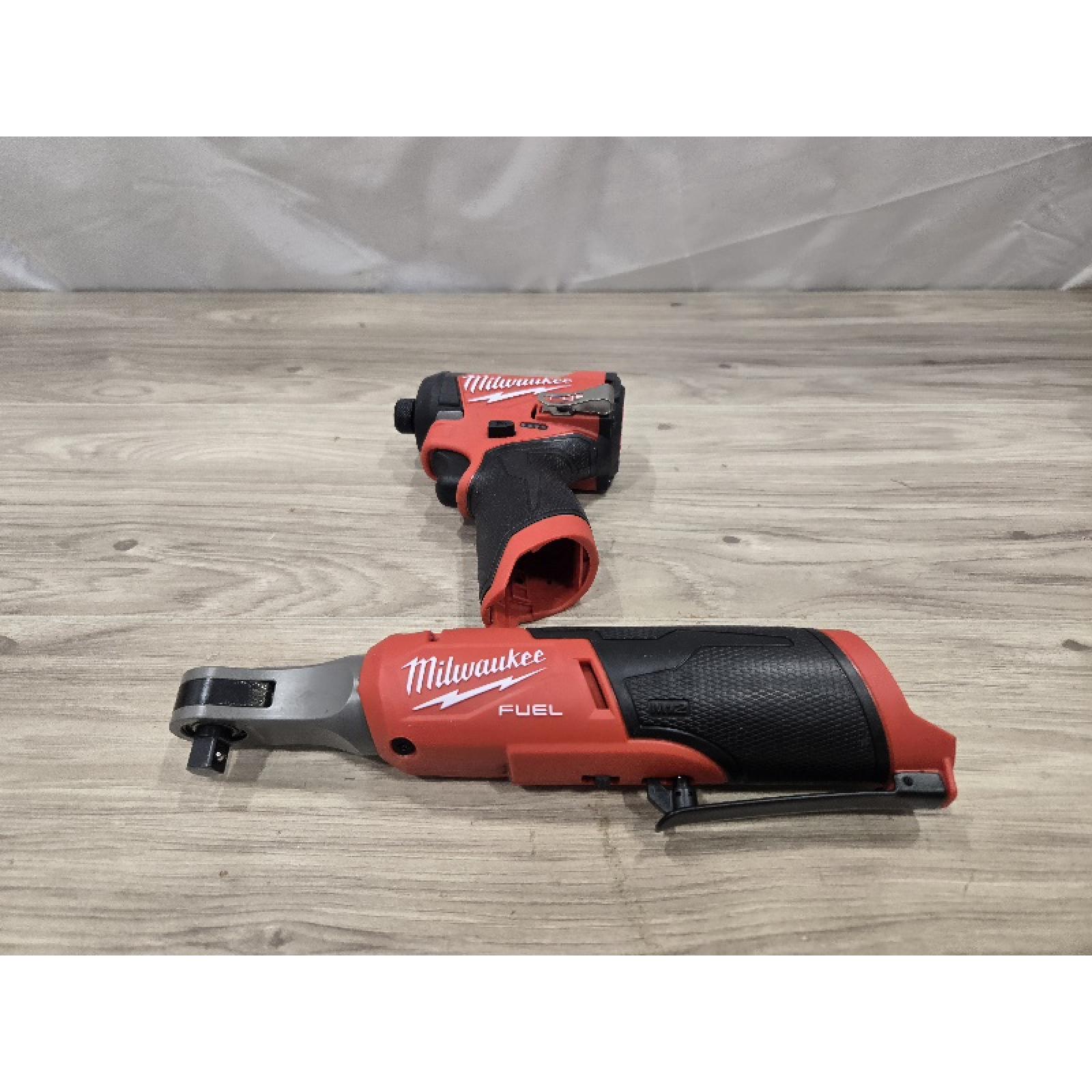 AS-IS Milwaukee 3453-22HSR M12 FUEL 12V Cordless 3/8 in. Ratchet and 1/4 in. Impact Driver Kit