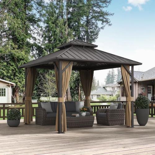Phoenix NEW INMITOM 10 ft. x 10 ft. Aluminum Hardtop Gazebo with Double Galvanized Steel Roof, Netting and Curtains for Patio and Backyard