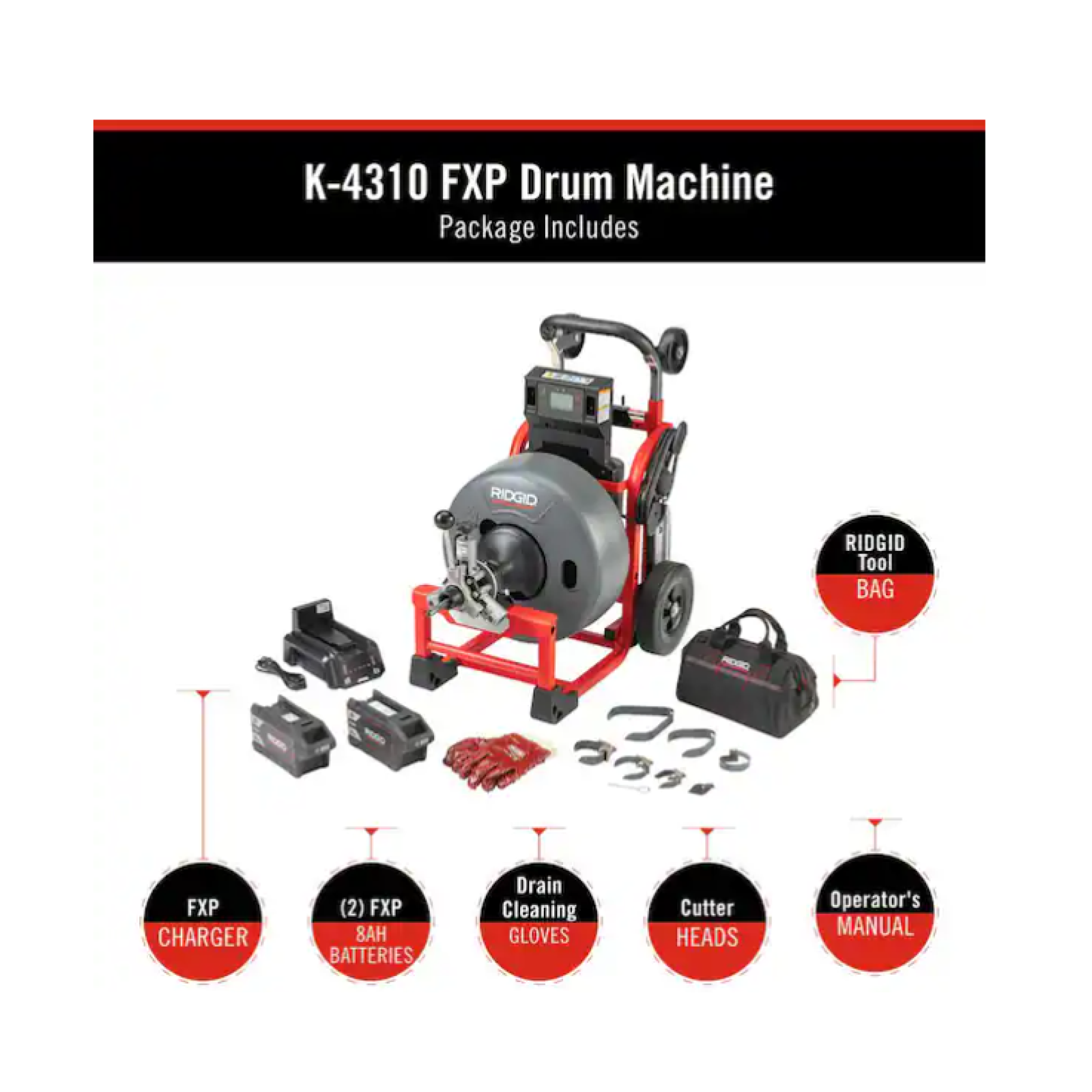 DALLAS LOCATION- NEW!- RIDGID K-4310 FXP 5/8 in. Drain Cleaning Drum Machine  Includes 8-Piece Tool Set  Bag  Gloves  2 FXP Battery-8.0 Ah and Charger