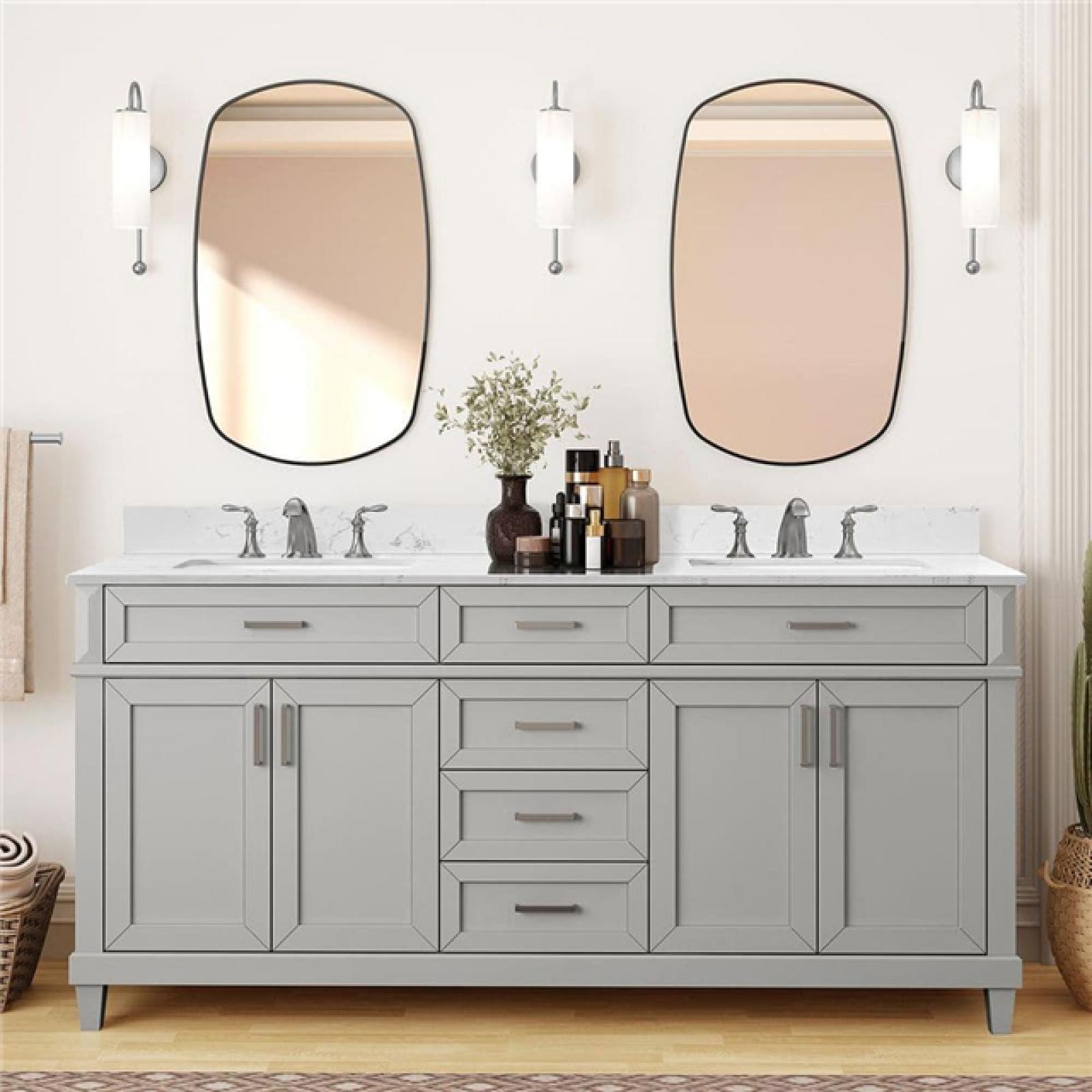 Phoenix AS-IS Home Decorators Collection Talmore 72 in. Double Sink Sky Grey Bath Vanity with White Engineered Carrara Marble Top (Assembled) (Cracked Top)