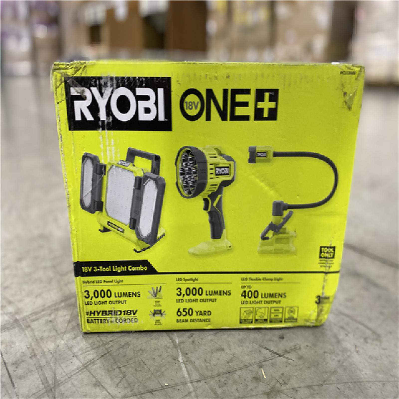 RYOBI ONE+ 18V 3-Tool Lighting Kit with Hybrid Panel Light, Spotlight and Flexible Clamp Light (Tools Only)