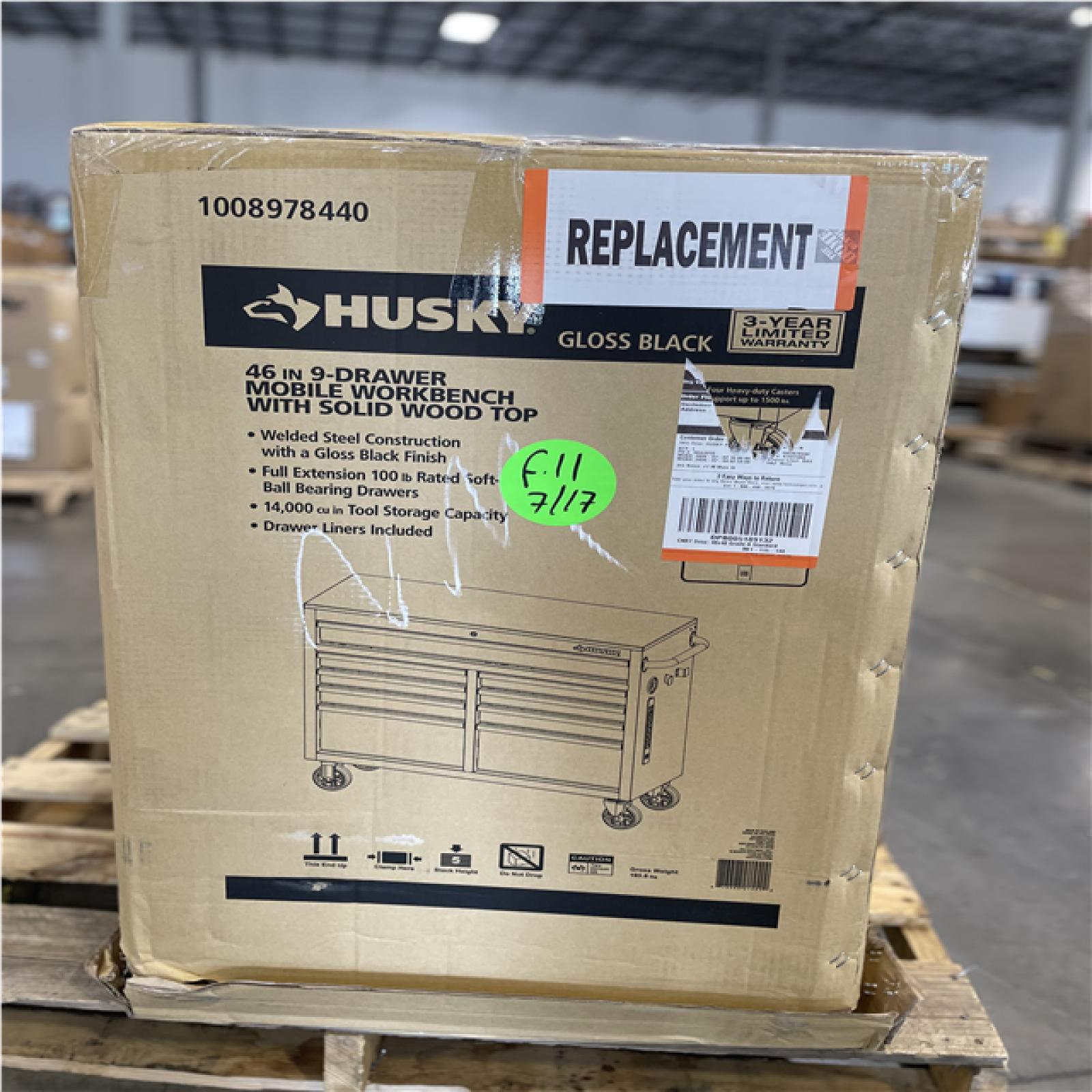 DALLAS LOCATION- AS-IS HUSKY 46 in. W x 18 in. D 9-Drawer Mobile Workbench Cabinet Gloss Black/Woodtop