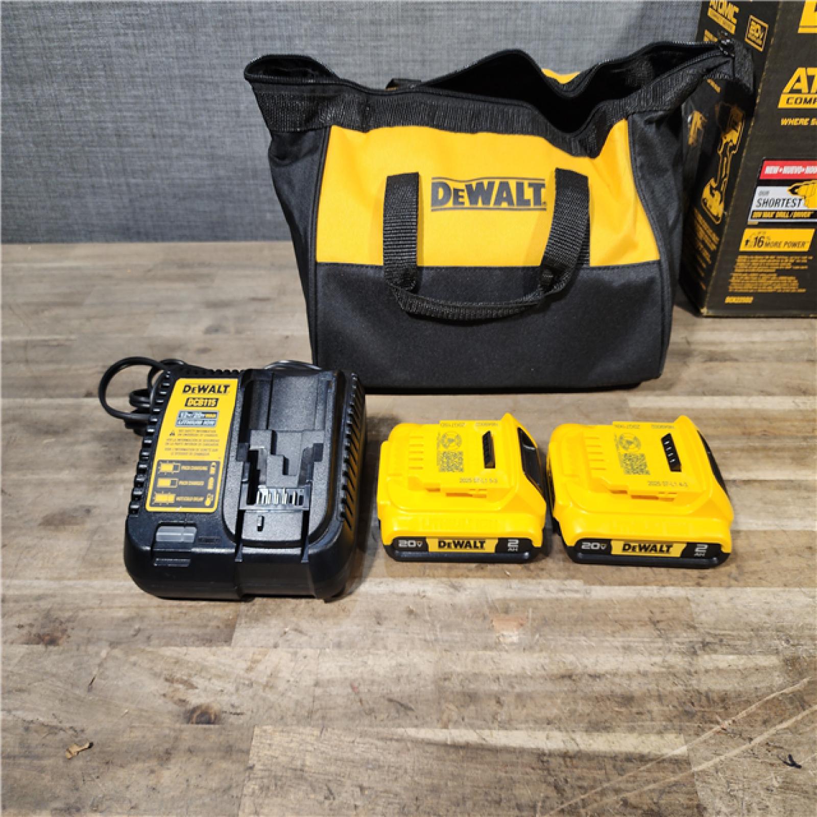 HOUSTON LOCATION - AS-IS Dewalt DCK225D2 20V MAX ATOMIC Brushless Compact Lithium-Ion 1/2 in. Cordless Drill Driver and 1/4 in. Impact Driver Combo Kit with 2 Batteries 2 Ah