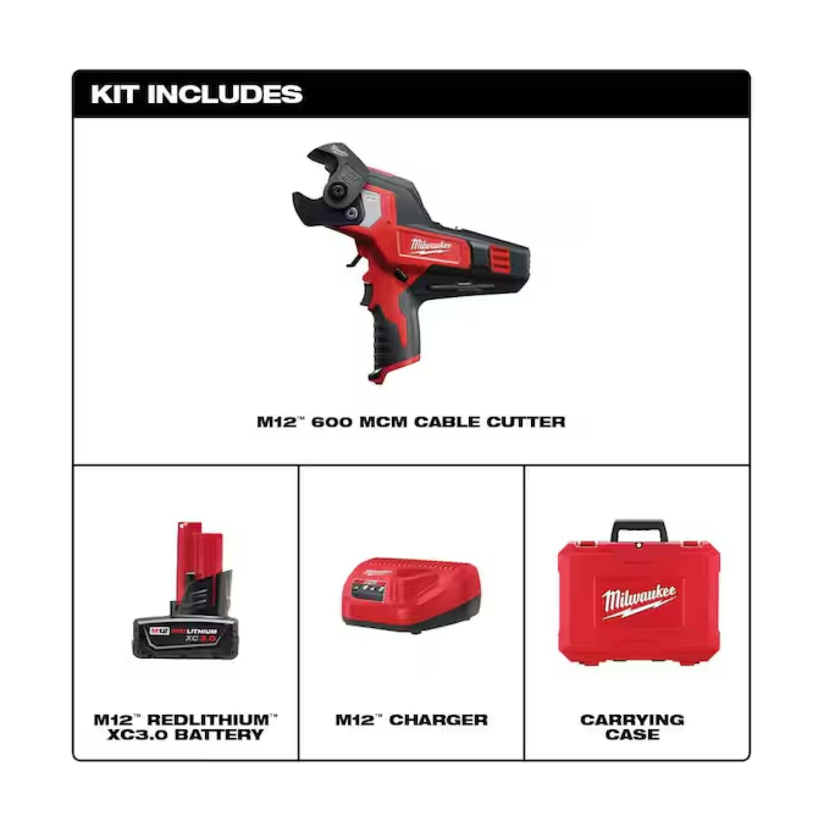 NEW! - Milwaukee M12 12V Lithium-Ion Cordless 600 MCM Cable Cutter Kit with One 3.0Ah Battery  Charger and Hard Case