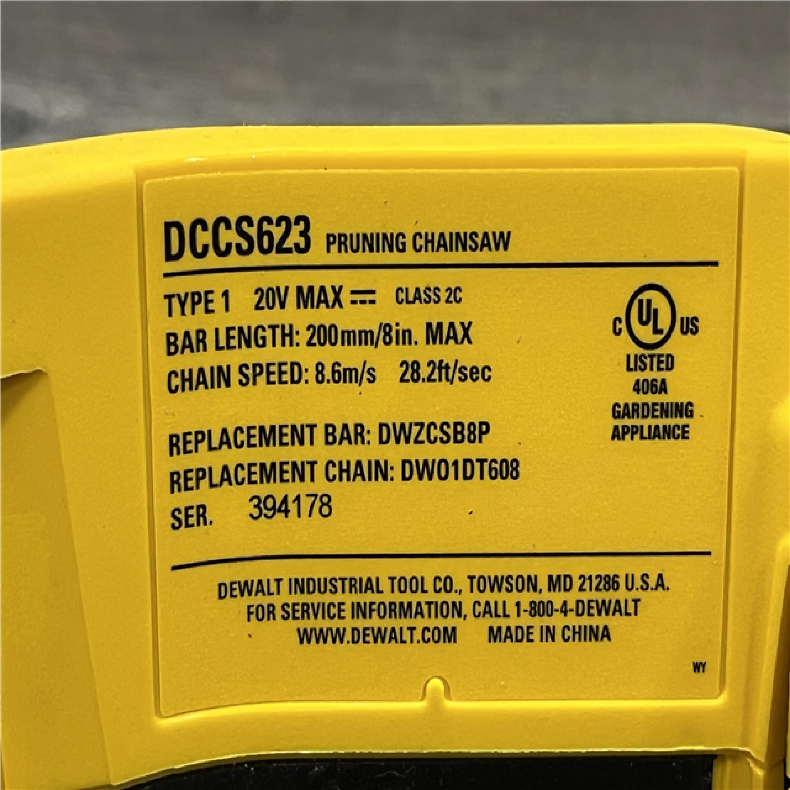 AS-IS DEWALT 20V MAX 8 in. Brushless Cordless Battery Powered Pruning Chainsaw (Tool Only)