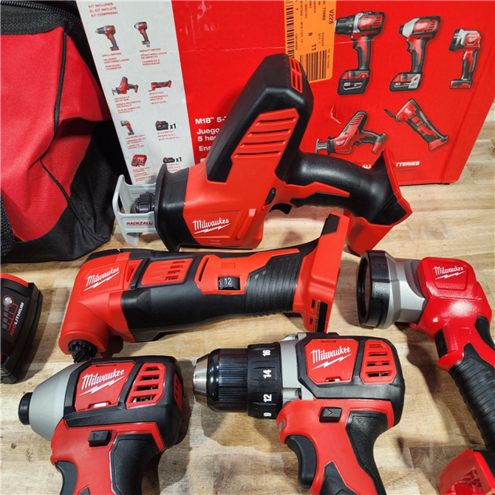 HOUSTON LOCATION - AS-IS M18 18V Lithium-Ion Cordless Combo Kit (5-Tool) with (2) Batteries  Charger and Tool Bag