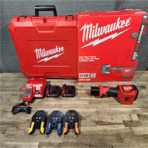 HOUSTON LOCATION - AS-IS Milwaukee M18 18-Volt Lithium-Ion Cordless Short Throw PEX Press Tool Kit w/ (3) Viega PureFlow Jaws