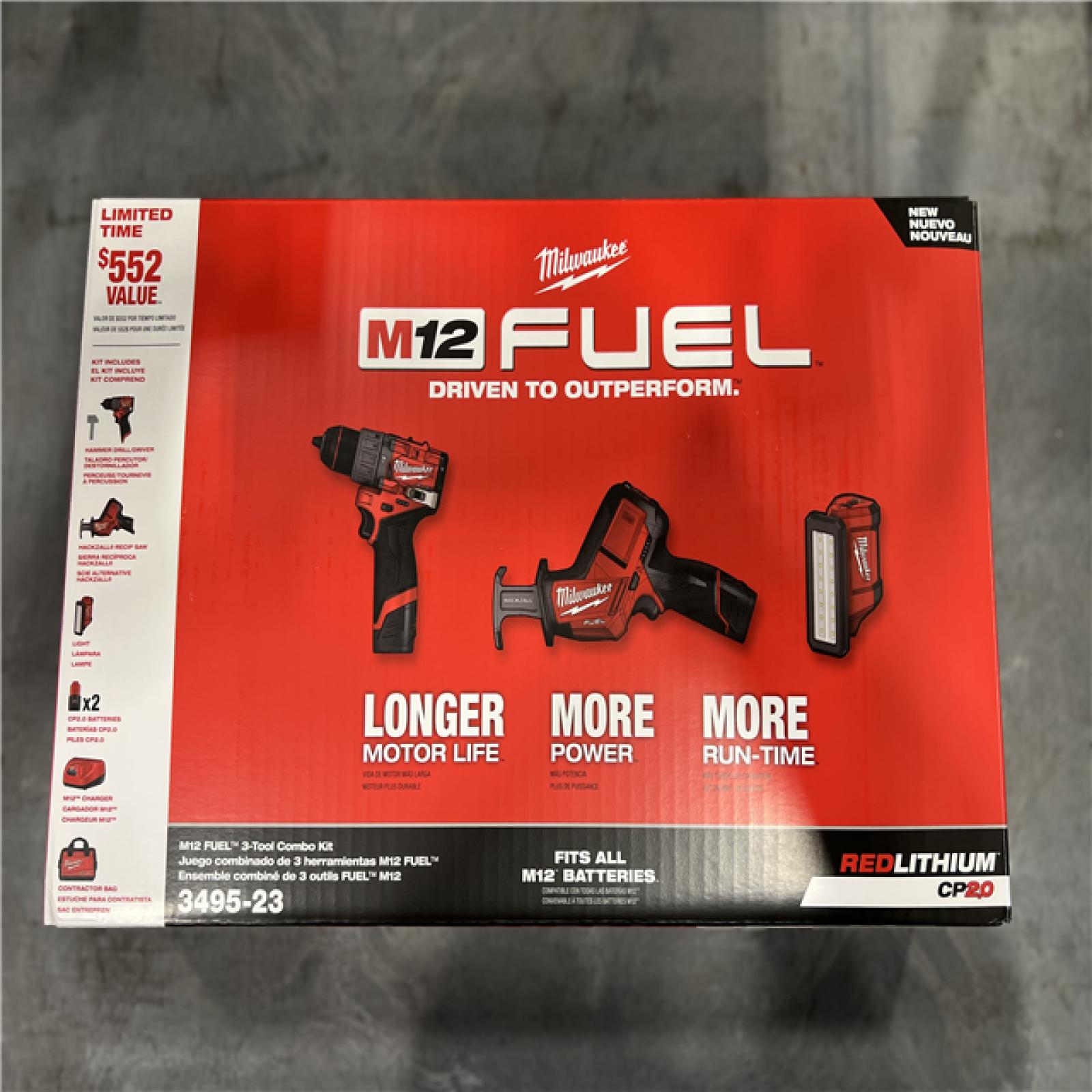 NEW!- Milwaukee M12 FUEL 12-Volt Li-Ion Brushless Cordless Hammer Drill Combo Kit  Reciprocating Saw  Flood Light W/2 Batteries (3-Tool)