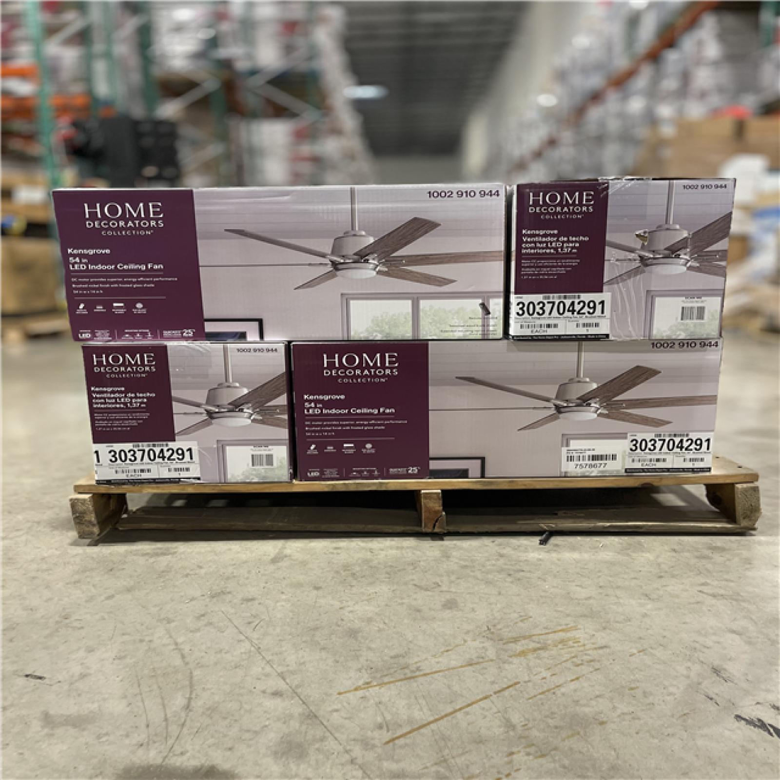 DALLAS LOCATION - Home Decorators Collection Kensgrove 54 in. Integrated LED Indoor Brushed Nickel Ceiling Fan with Light Kit works with Google Assistant and Alexa PALLET- (12 UNITS)