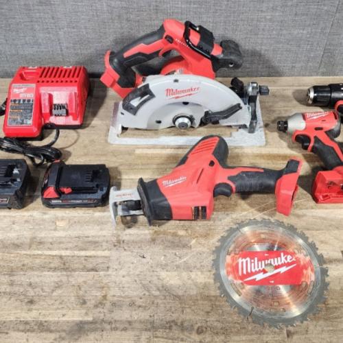 HOUSTON LOCATION - AS-IS Milwaukee M18 18-Volt Lithium-Ion Brushless Cordless Combo Kit (4-Tool) with 2-Batteries  1-Charger and Tool Bag