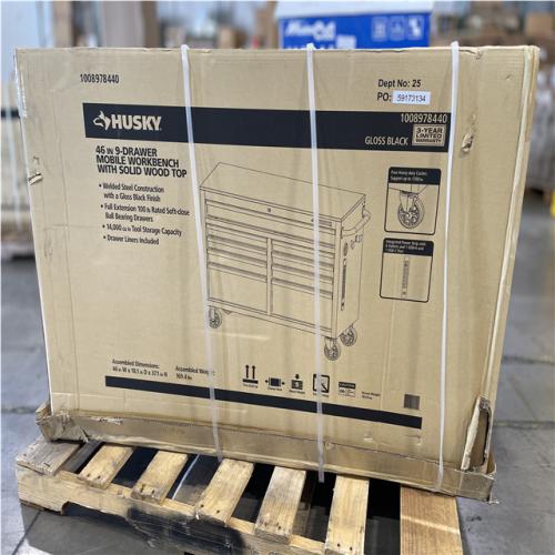 DALLAS LOCATION- AS-IS HUSKY 46 in. W x 18 in. D 9-Drawer Mobile Workbench Cabinet Gloss Black/Woodtop