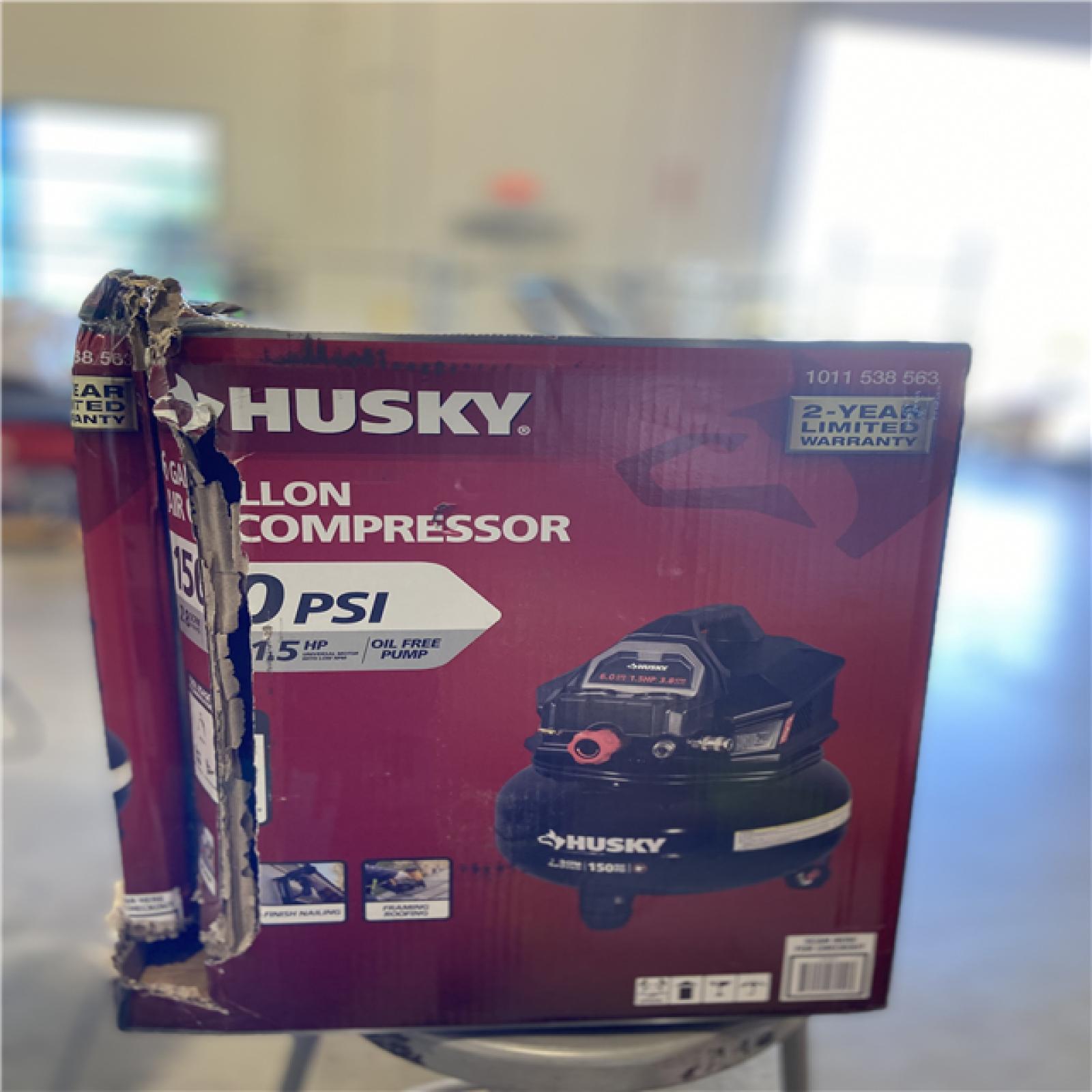NEW! -  Husky 6 Gal. 150 PSI Portable Electric Oil-Free Jobsite Pancake Air Compressor with Dual Pressure Gauges and 2-Quick Couplers