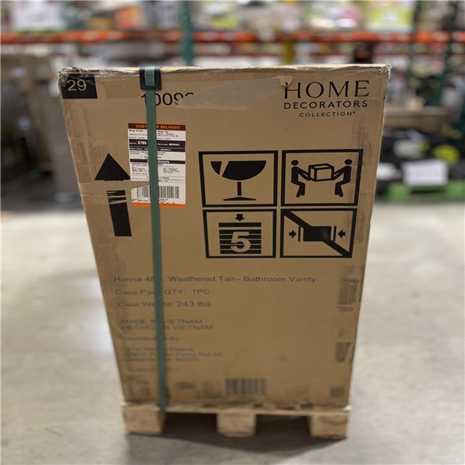 DALLAS LOCATION - Home Decorators Collection Hanna 48 in. Single Sink Weathered Tan Bath Vanity with White Engineered Stone Top (Assembled)