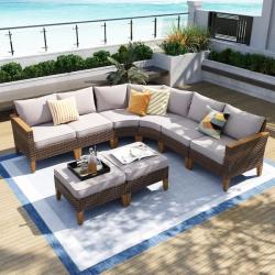 Phoenix LIKE NEW PHI VILLA Brown Rattan Wicker 8 Seat 8-Piece Steel Patio Outdoor Sectional Set with Beige Cushions