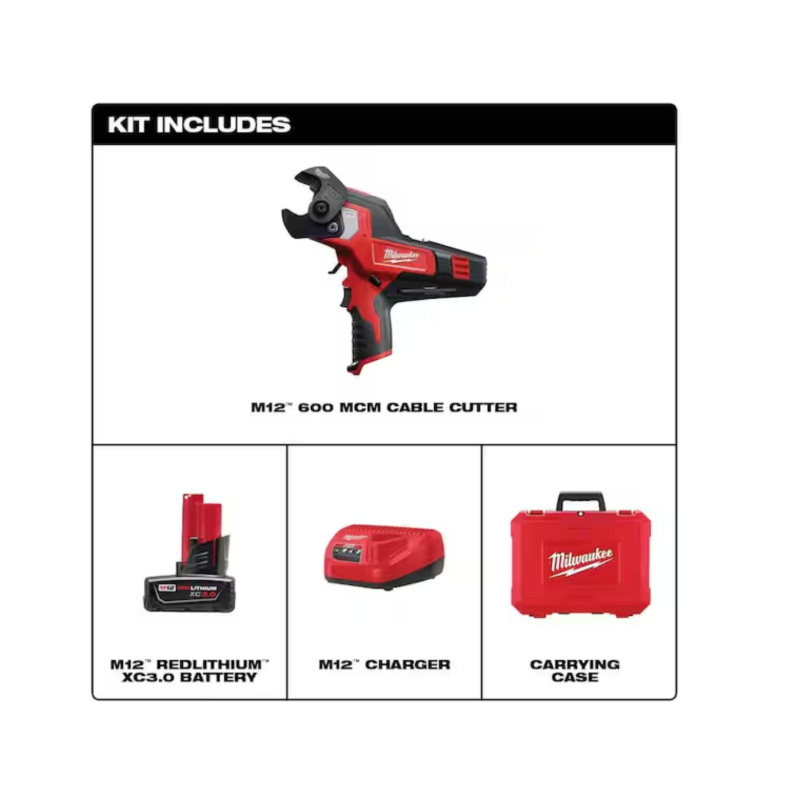 NEW! - Milwaukee M12 12V Lithium-Ion Cordless 600 MCM Cable Cutter Kit with One 3.0Ah Battery  Charger and Hard Case