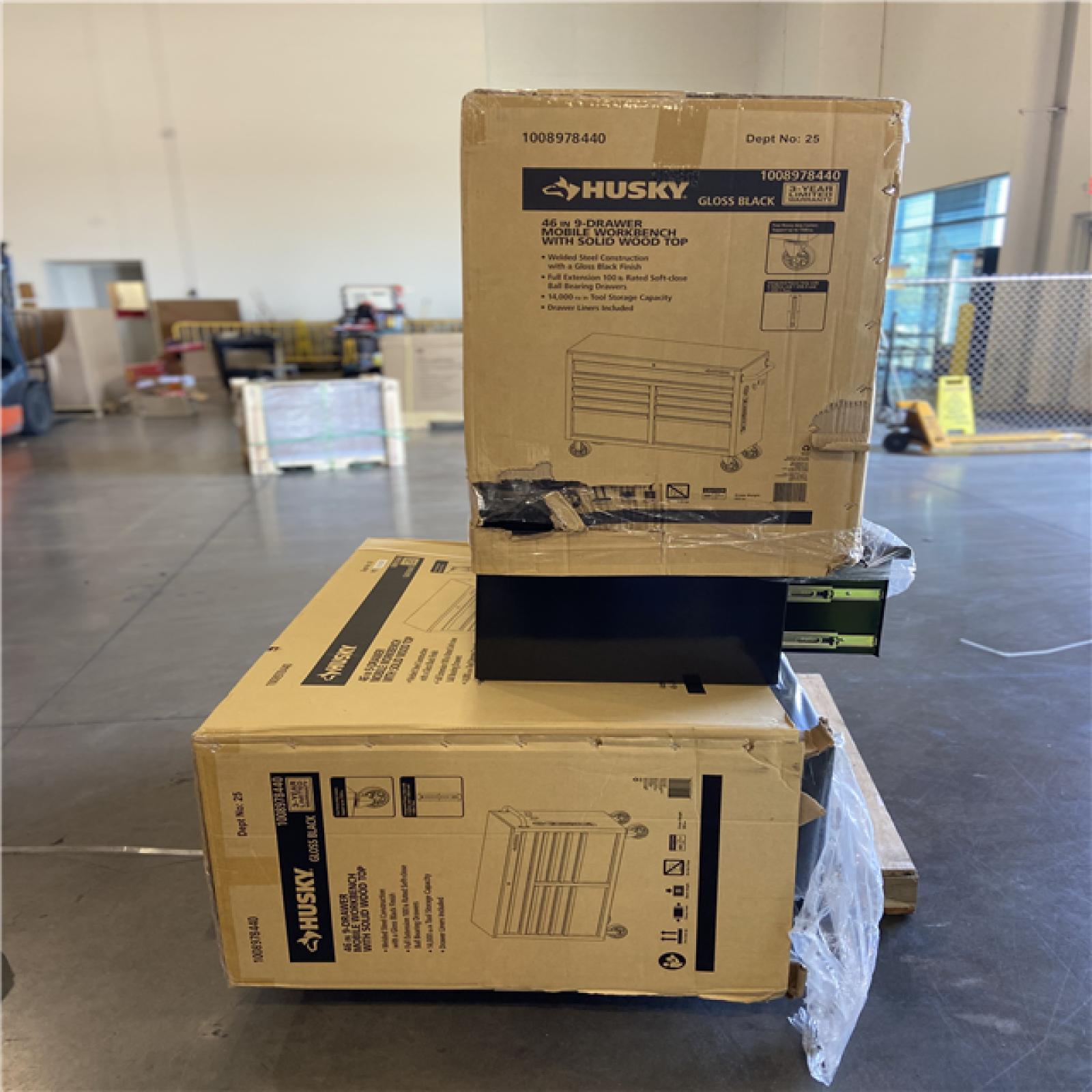 DALLAS LOCATION - Husky Tool Storage 46 in. W x 18 in. D 9-Drawer Mobile Workbench Cabinet in Gloss Black - 2 UNITS