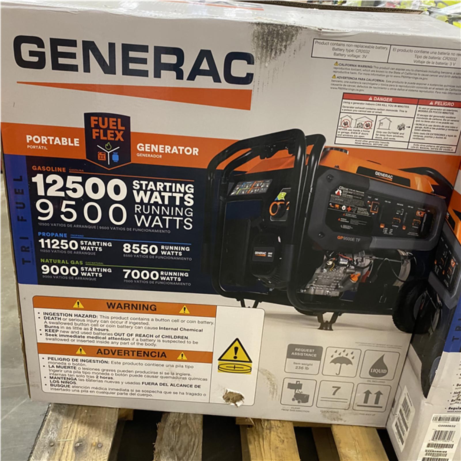 Dallas Location - As-Is  Generac Generac GP Series 9 500 Watt (120 / 240V) Electric Button / Recoil Start Tri-Fuel Portable Generator