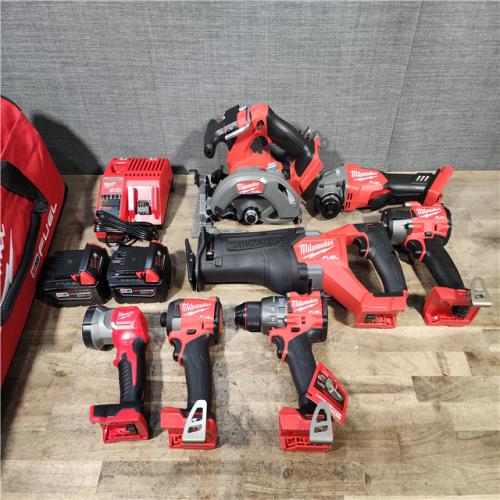 HOUSTON LOCATION - AS-IS (APPEARS LIKE NEW) Milwaukee M18 FUEL 18V Lithium-Ion Brushless Cordless Combo Kit with Two 5.0 Ah Batteries  1 Charger  2 Tool Bags (7-Tool)