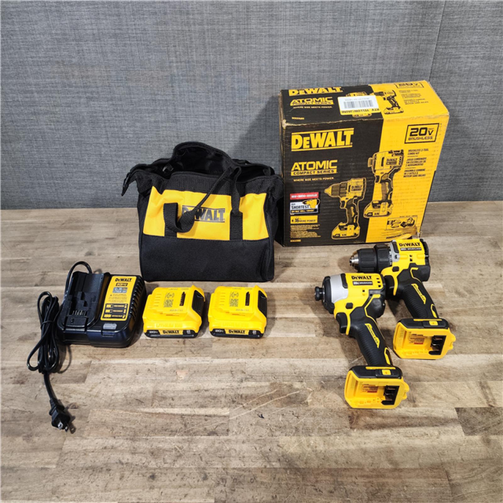 HOUSTON LOCATION - AS-IS Dewalt DCK225D2 20V MAX ATOMIC Brushless Compact Lithium-Ion 1/2 in. Cordless Drill Driver and 1/4 in. Impact Driver Combo Kit with 2 Batteries 2 Ah