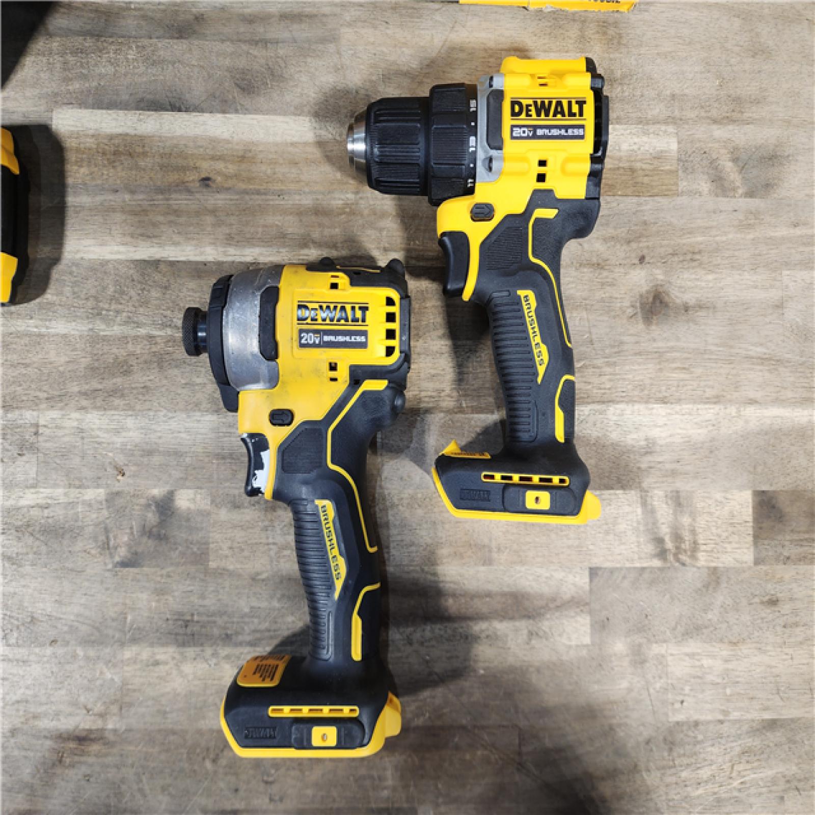 HOUSTON LOCATION - AS-IS Dewalt DCK225D2 20V MAX ATOMIC Brushless Compact Lithium-Ion 1/2 in. Cordless Drill Driver and 1/4 in. Impact Driver Combo Kit with 2 Batteries 2 Ah