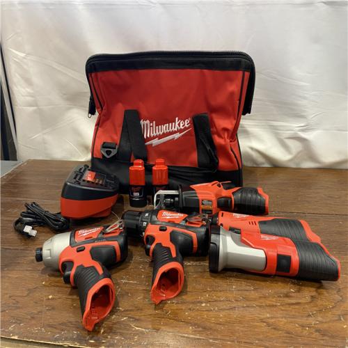 AS-IS MILWAUKEE M12 12V Lithium-Ion Cordless Combo Kit (5-Tool) with Two 1.5Ah Batteries, Charger & Tool Bag