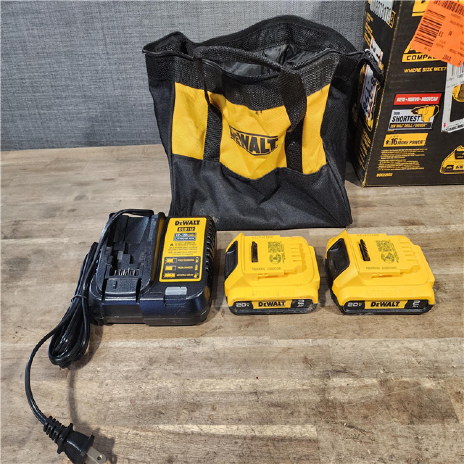 HOUSTON LOCATION - AS-IS Dewalt DCK225D2 20V MAX ATOMIC Brushless Compact Lithium-Ion 1/2 in. Cordless Drill Driver and 1/4 in. Impact Driver Combo Kit with 2 Batteries 2 Ah