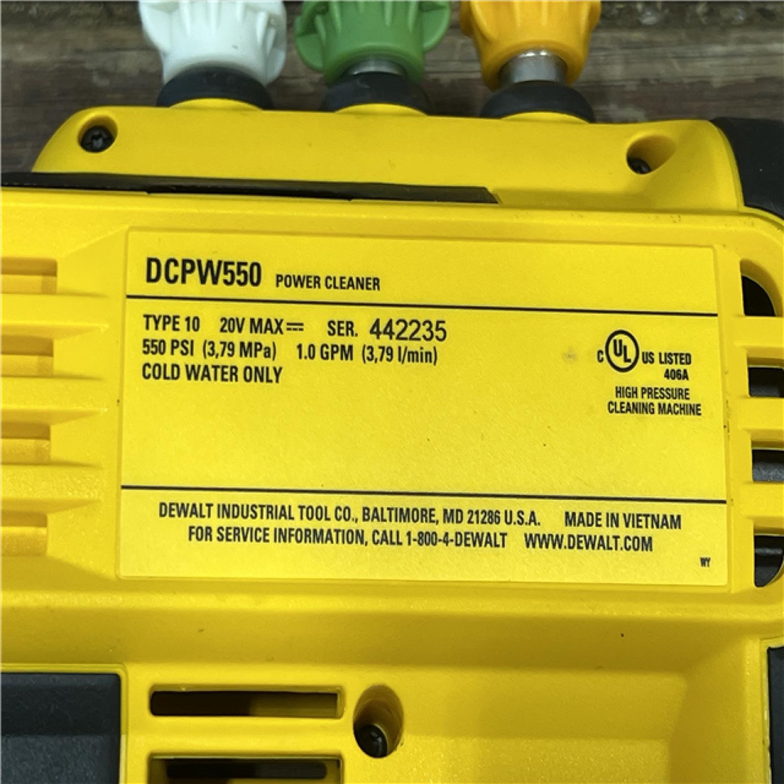 AS-IS Dewalt 20V 550 PSI  1 GPM Cordless Power Cleaner W/ 4 Nozzles Tool-Only DCPW550B