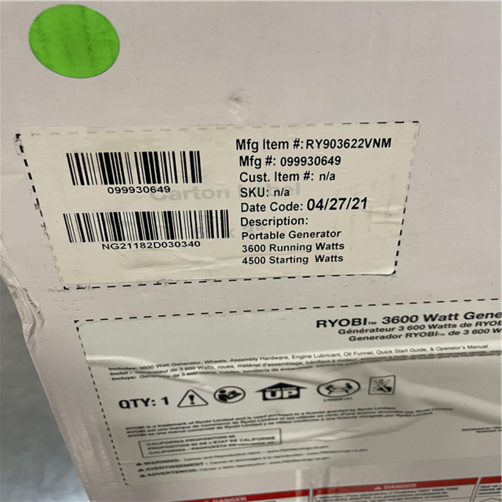 DALLAS LOCATION- NEW!- RYOBI 3 600-Watt Gasoline Powered Recoil Start Portable Generator