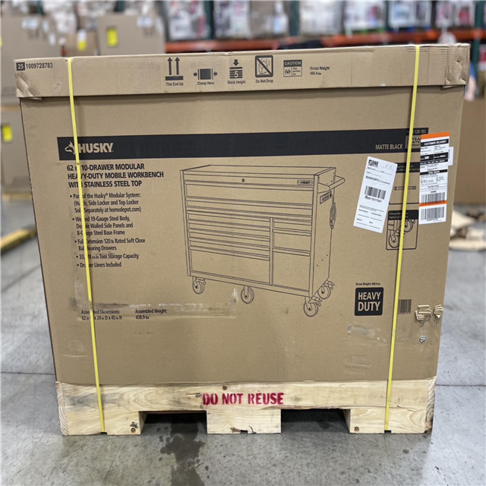 DALLAS LOCATION- Husky Modular Tool Storage 62 in. W X 24 in. D Heavy Duty Matte Black Mobile Workbench Cabinet with Stainless Steel Top