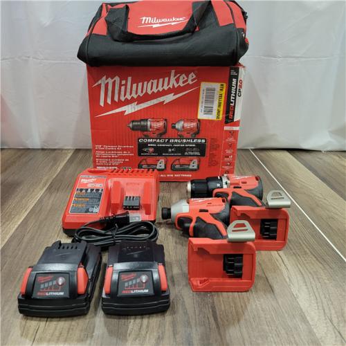 AS-IS Milwaukee M18 18V Lithium-Ion Brushless Cordless Compact Drill/Impact Combo Kit (2-Tool) W/(2) 2.0 Ah Batteries, Charger & Bag