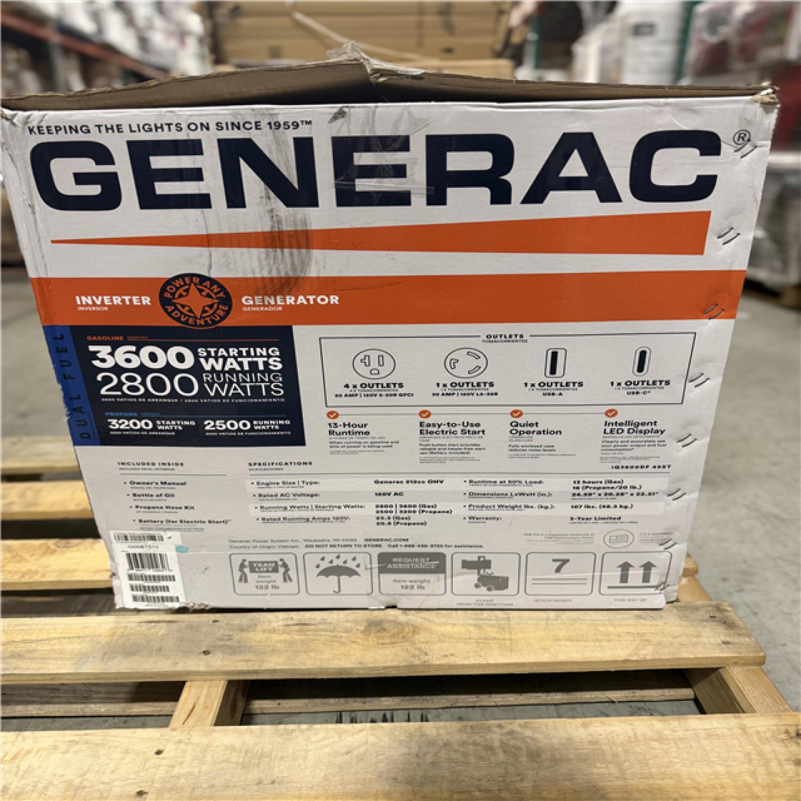 DALLAS LOCATION - Generac 3600 / 3000-Watt Dual Fuel Electric Switch Gasoline / Propane Inverter Portable Generator with COSense-IQ3600 DF