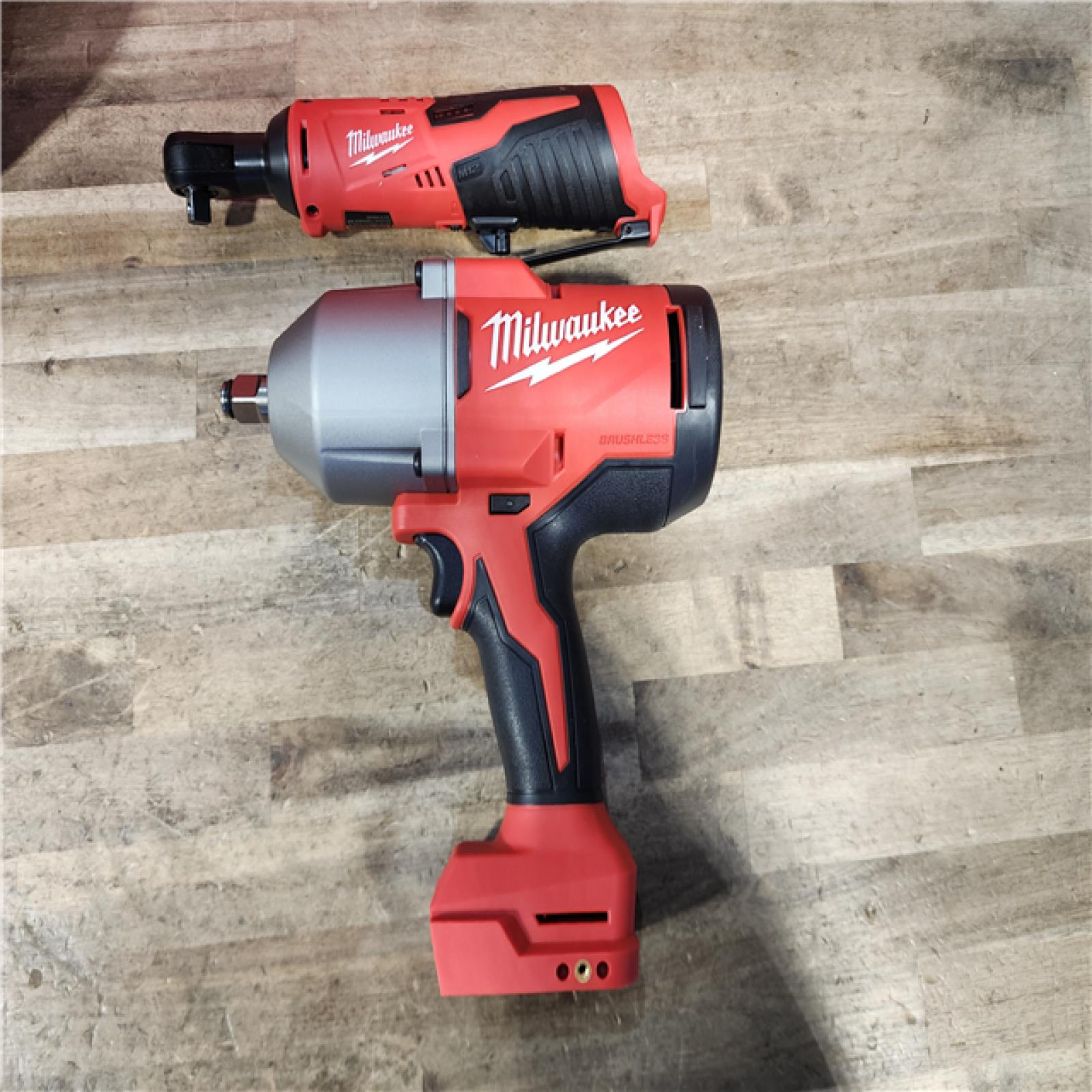 HOUSTON LOCATION - AS-IS Milwaukee 12/18V Lithium-Ion Cordless 3/8 in. Ratchet and 1/2 in. High Torque Impact Wrench with Friction Ring Combo Kit