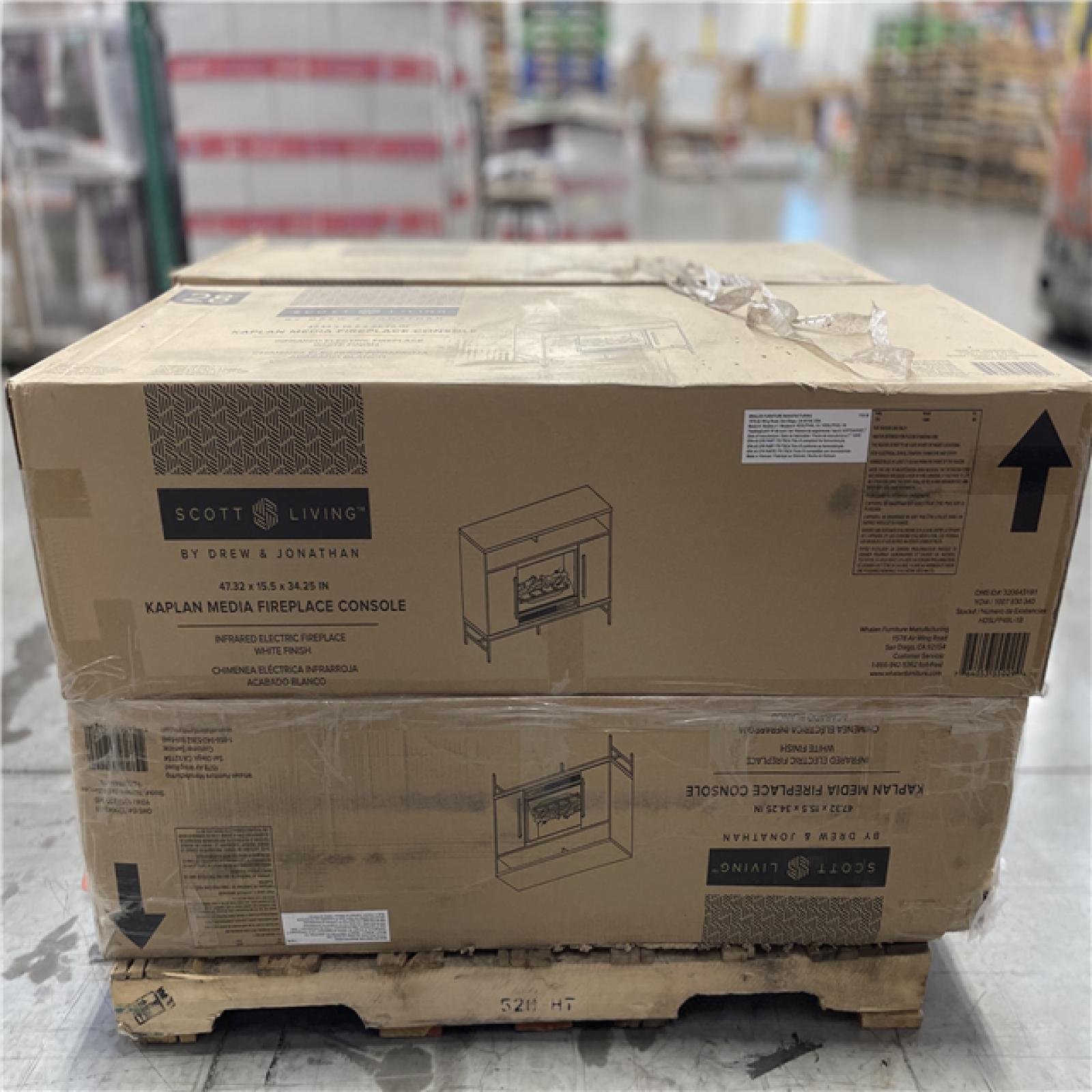 DALLAS LOCATION - SCOTT LIVING KAPLAN 48 in. Freestanding Media Console Wooden Electric Fireplace in White PALLET-(4 UNITS)