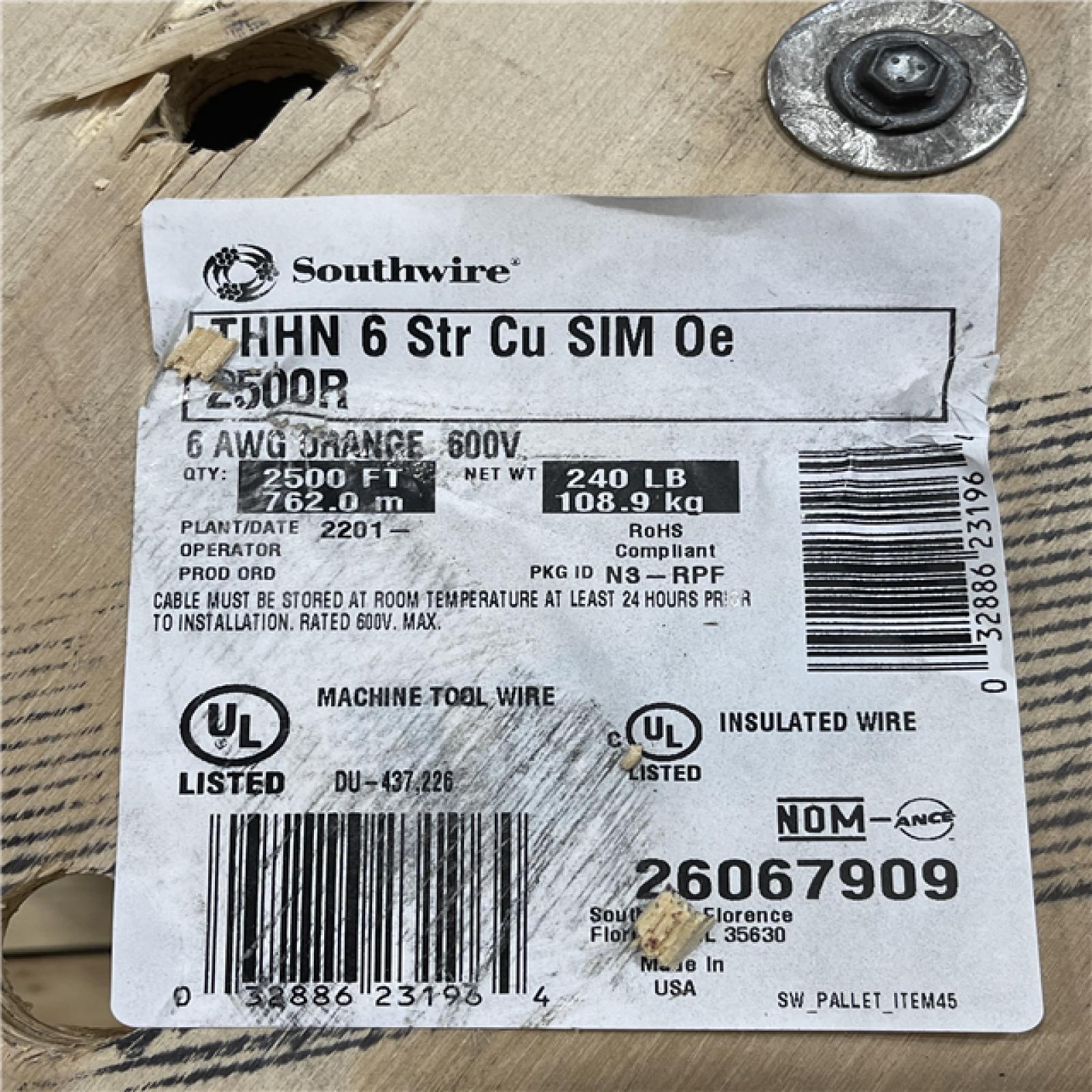 DALLAS LOCATION - AS-IS Southwire 2,500 ft. 6 Orange Stranded CU SIMpull THHN Wire (SEE NOTES)