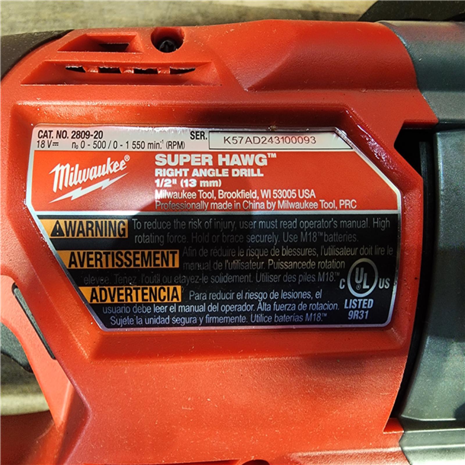 HOUSTON LOCATION - AS-IS Milwaukee M18 18V Fuel 1/2  Right Angle Drill Super Hawg Cordless Lithium-Ion 2809-20 (TOOL ONLY)