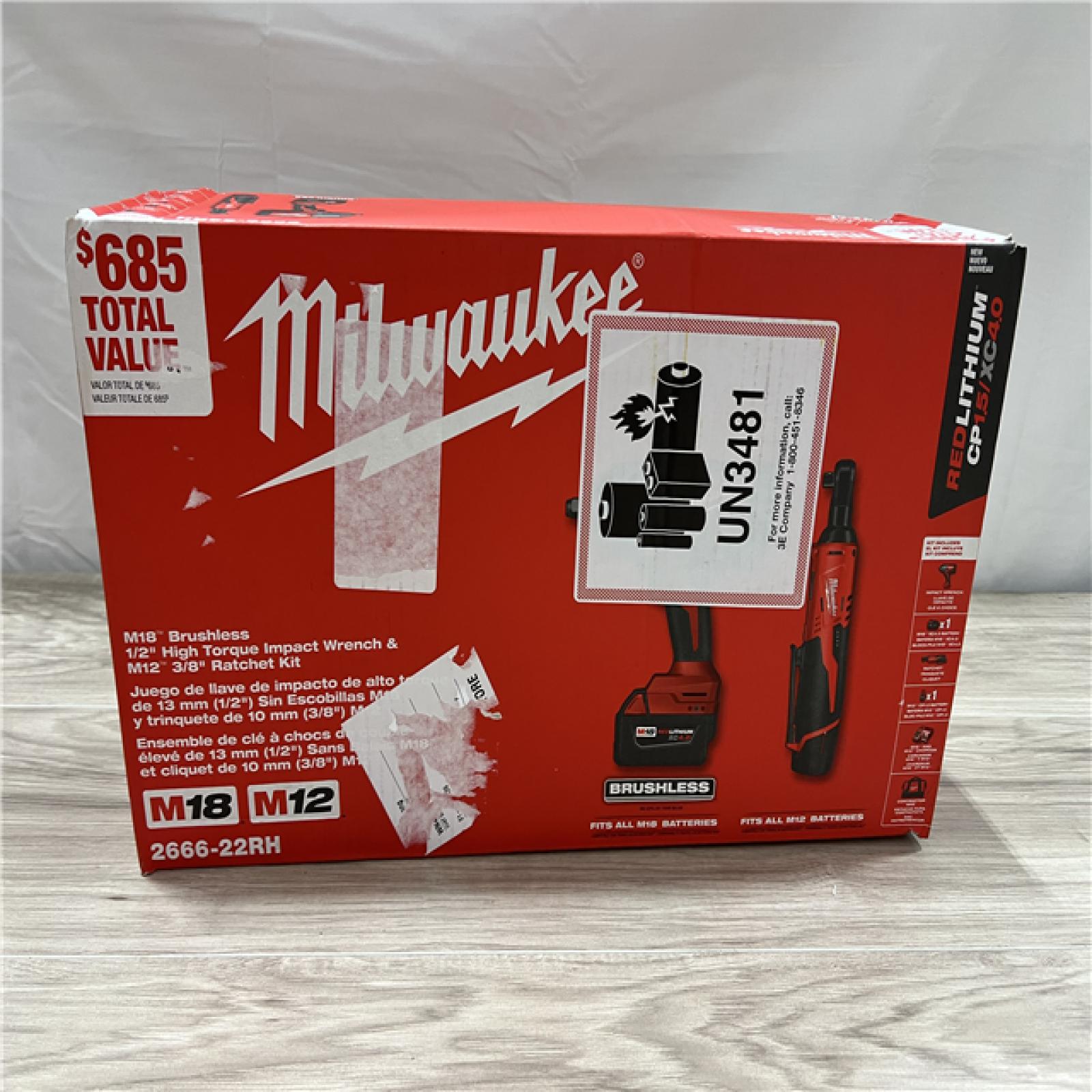 NEW Milwaukee 12/18V Lithium-Ion Cordless 3/8 in. Ratchet and 1/2 in. High Torque Impact Wrench with Friction Ring Combo Kit