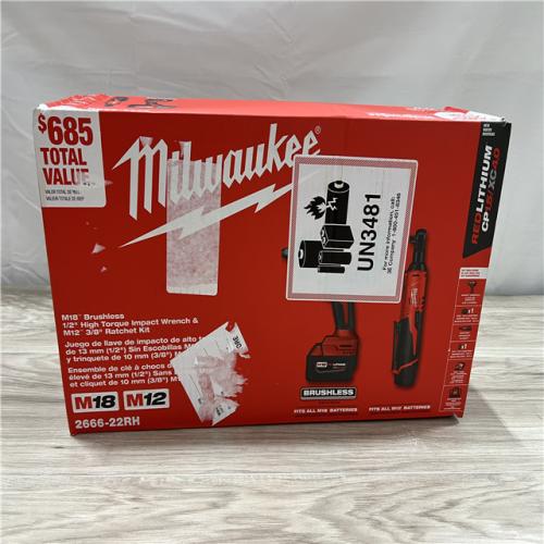 NEW Milwaukee 12/18V Lithium-Ion Cordless 3/8 in. Ratchet and 1/2 in. High Torque Impact Wrench with Friction Ring Combo Kit