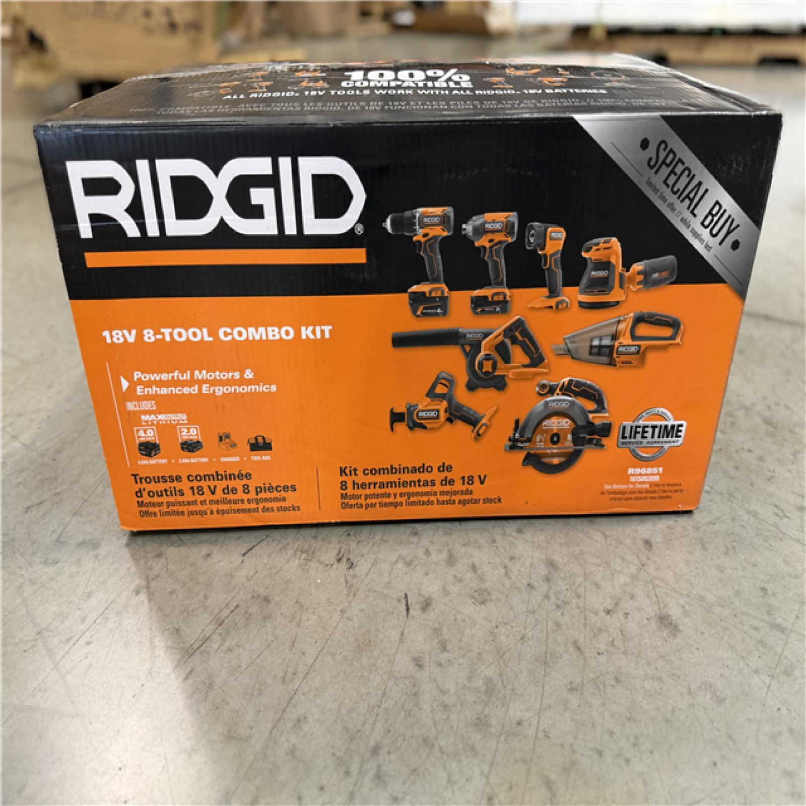 NEW! - RIDGID 18V Cordless 8-Tool Combo Kit with 2Ah MAX Output Battery  4Ah MAX Output Battery  Charger  and Tool Bag